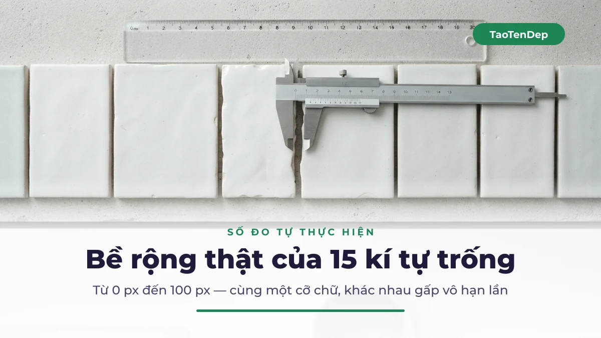 Bảng đo bề rộng thật của 15 kí tự khoảng trống ở cỡ chữ 100 px