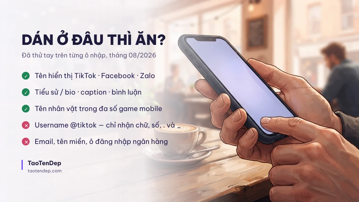 Chữ kiểu dán được ở tên hiển thị TikTok, Facebook, Zalo và không dán được ở username
