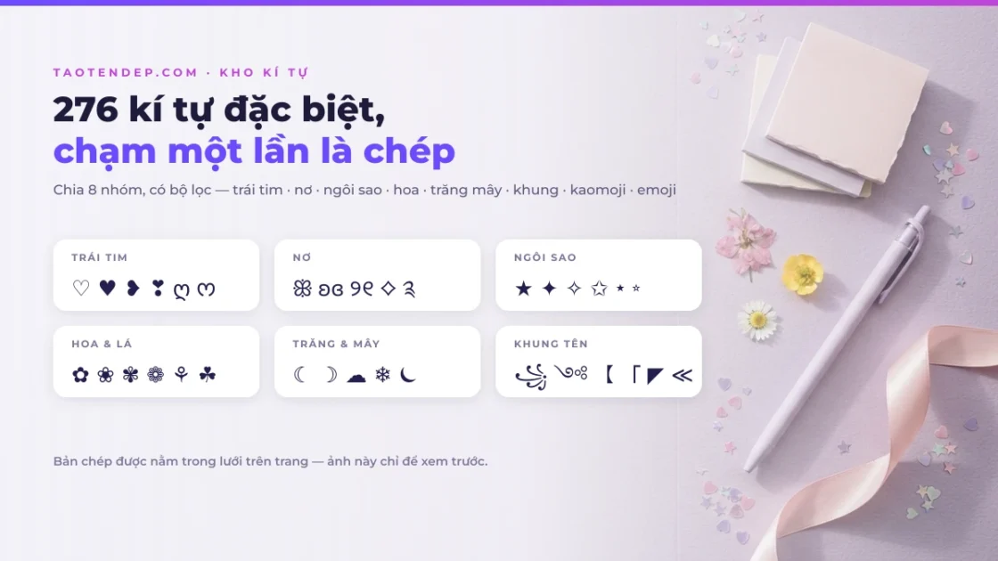 Kho 276 kí tự đặc biệt chia 8 nhóm: trái tim, nơ, ngôi sao, hoa, trăng mây, khung tên, kaomoji và emoji